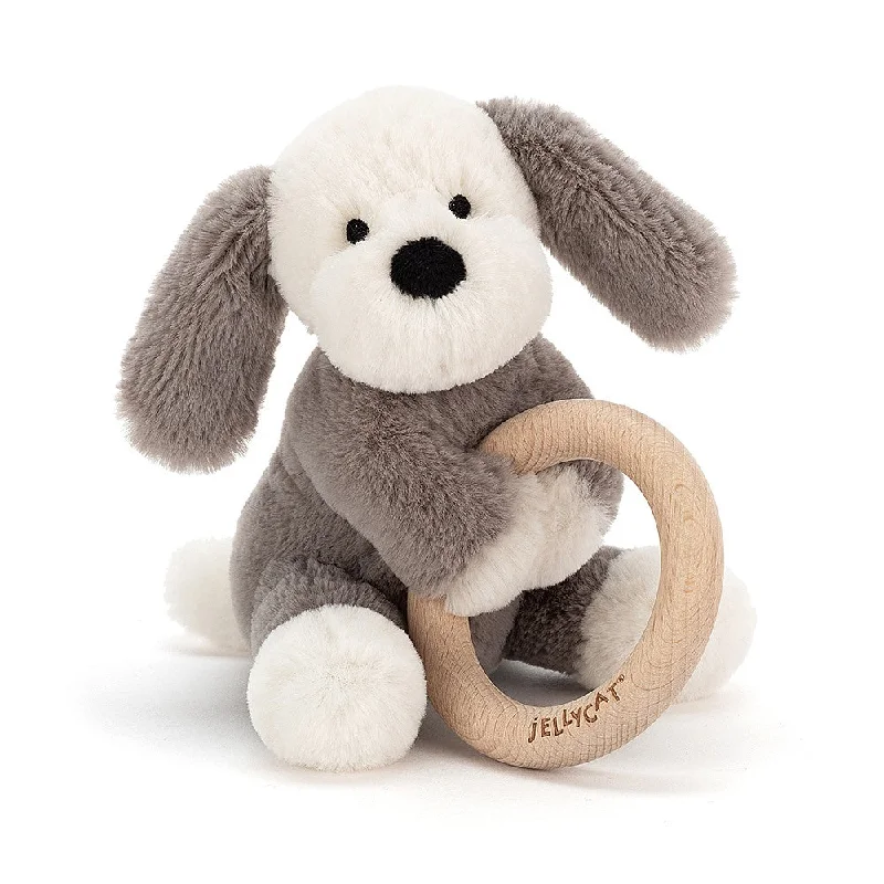 Adorable and plush Jellycat emotional support friendsPuppy Teddybear with Wooden Ring for baby Teething Suitable from Birth