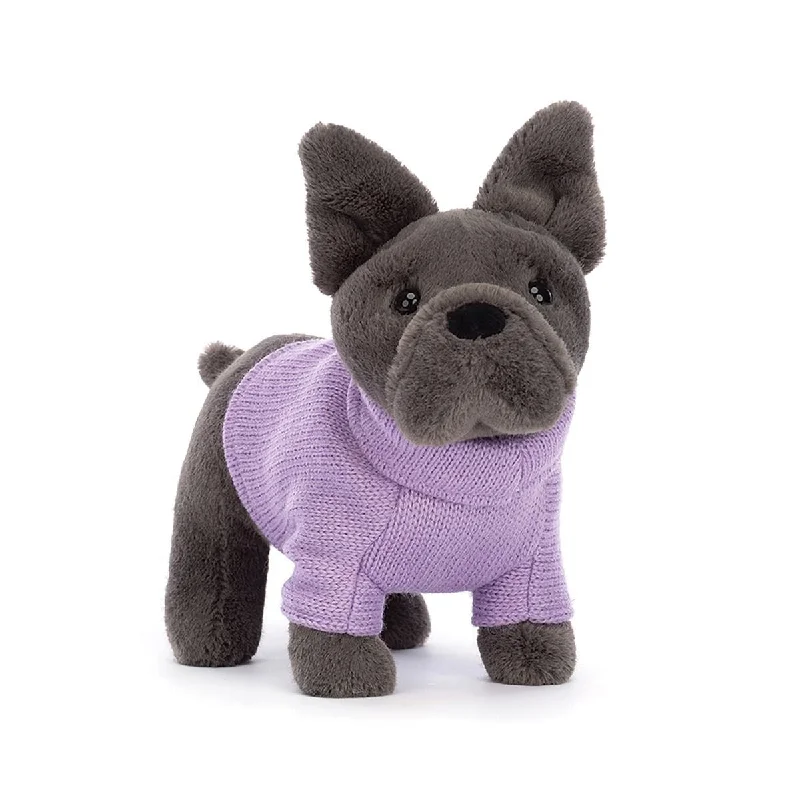 Huggable and comforting Jellycat creationsFrench Bulldog with Purple Sweater