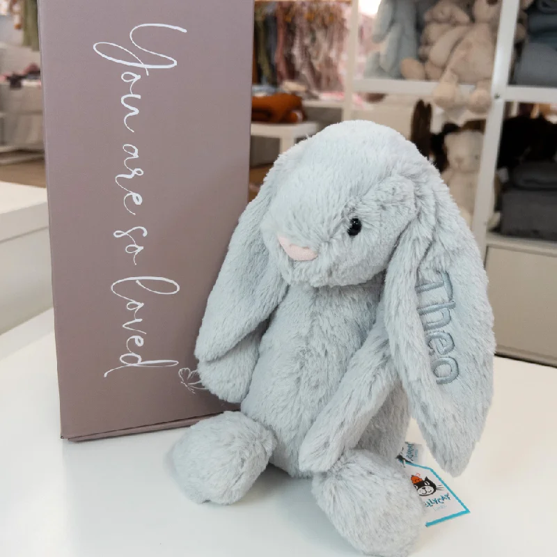 Adorable and plush Jellycat emotional support friendsPersonalised Medium Jellycat Bunny - Silver Adorable and plush Jellycat emotional support friendsPersonalised Medium Jellycat Bunny - Silver