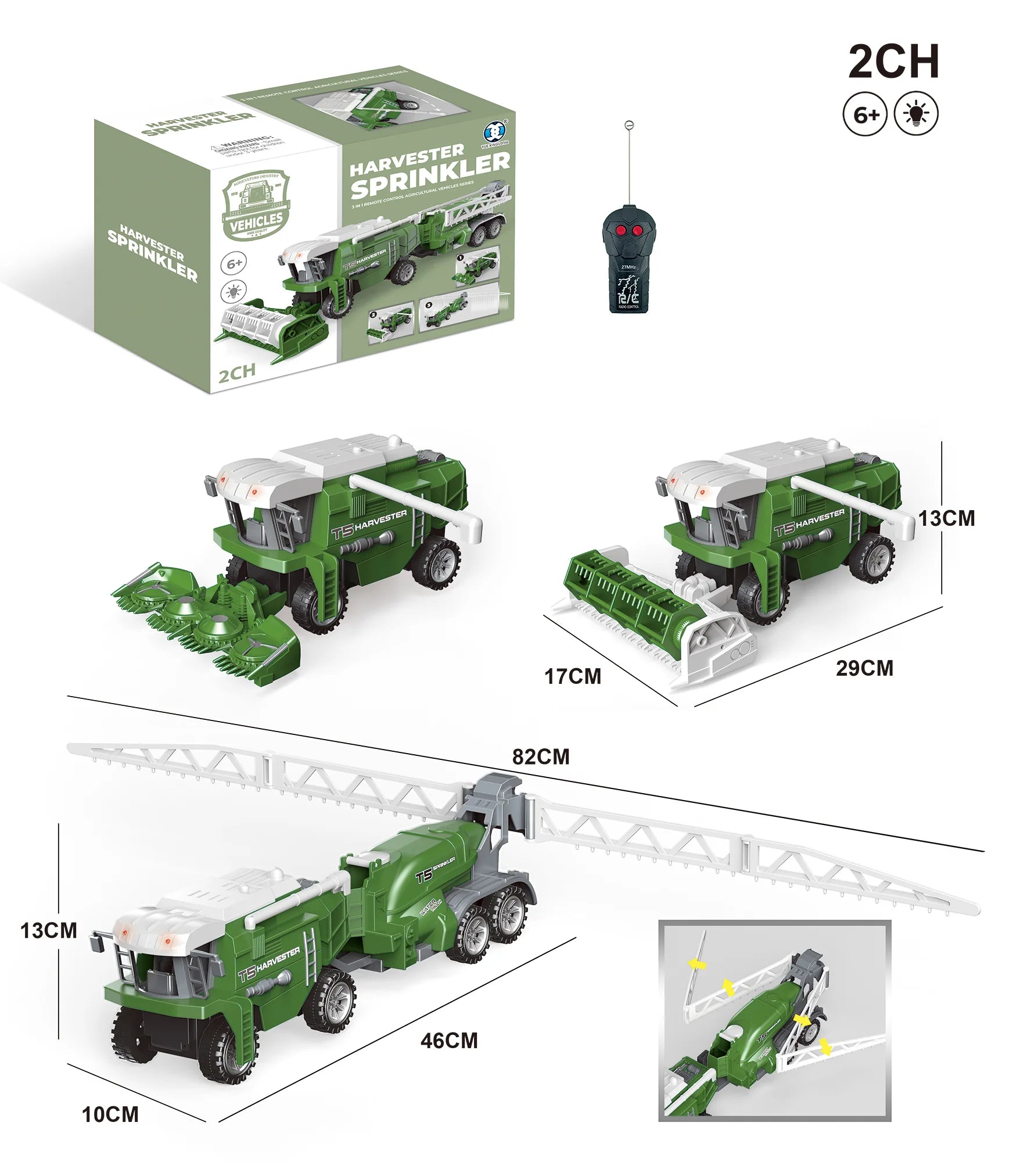 Remote Controlled RC 2-Channel Harvester with Trailer Sprinkler