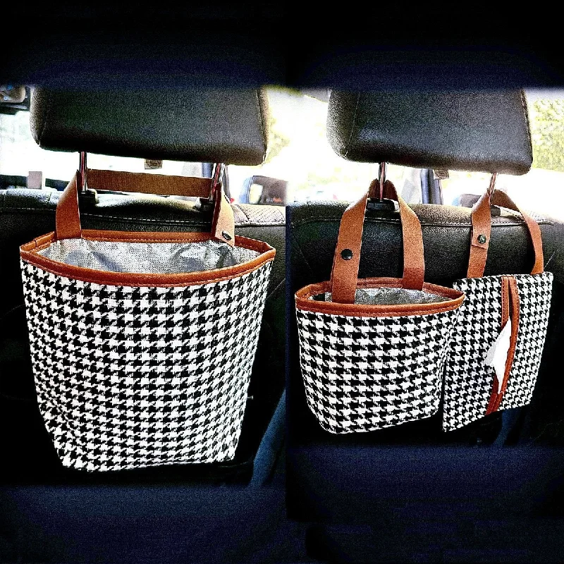 3 Pcs Car Organizer Set- Car Trash Hanging Bag for Seat Back, Small Car Pouch Storage Bag, Automotive Cute Tissue Holder (Houndstooth)