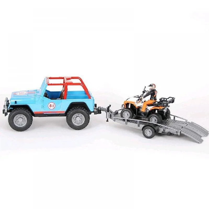 Bruder Blue Jeep Racing Car with Trailer, Quad Bike and Driver