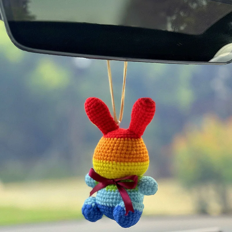 Crochet Rainbow Bunny Rabbit Pendant for Car Interior Rearview Mirror, Car Hanging Knitted Rabbit Charm Ornament, Handmade Car Accessories Gift