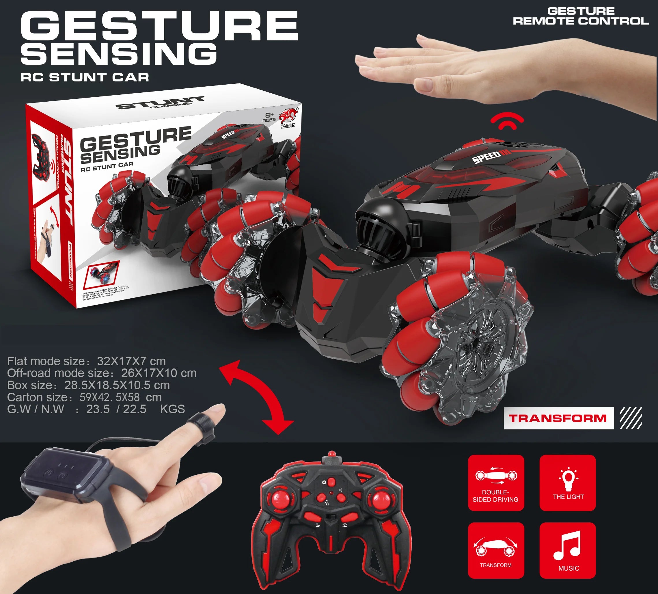 Gesture Sensing RC Transforming Stunt Car - Assorted Colours