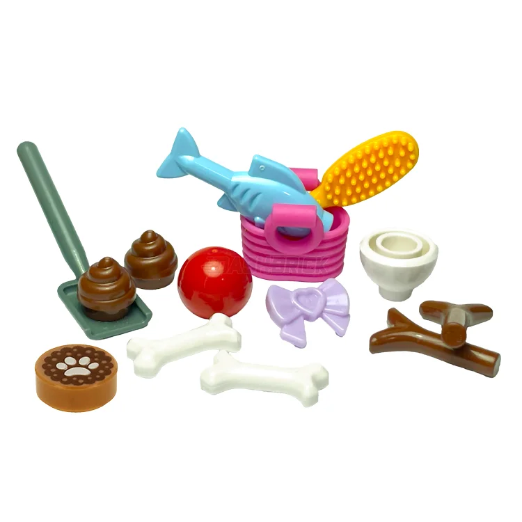 Precisely scaled LEGO miniaturesLEGO "Pet Starter Pack" Ball, Basket, Bone, Brush, Stick, Bowl, Ribbon [MiniMOC]