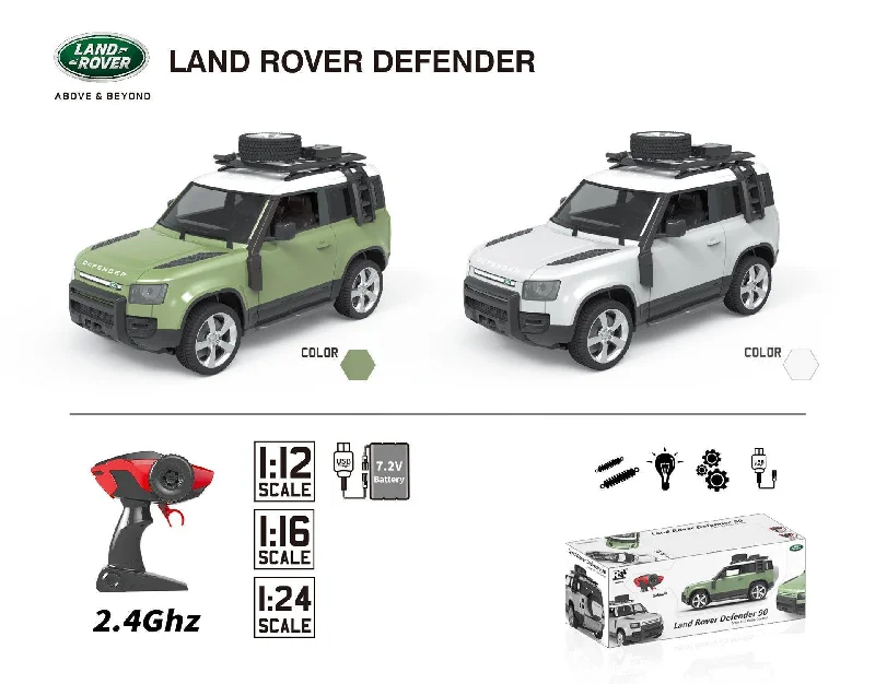 RANGE ROVER Defender RC Car with front Lights 1:24 Scale - Green