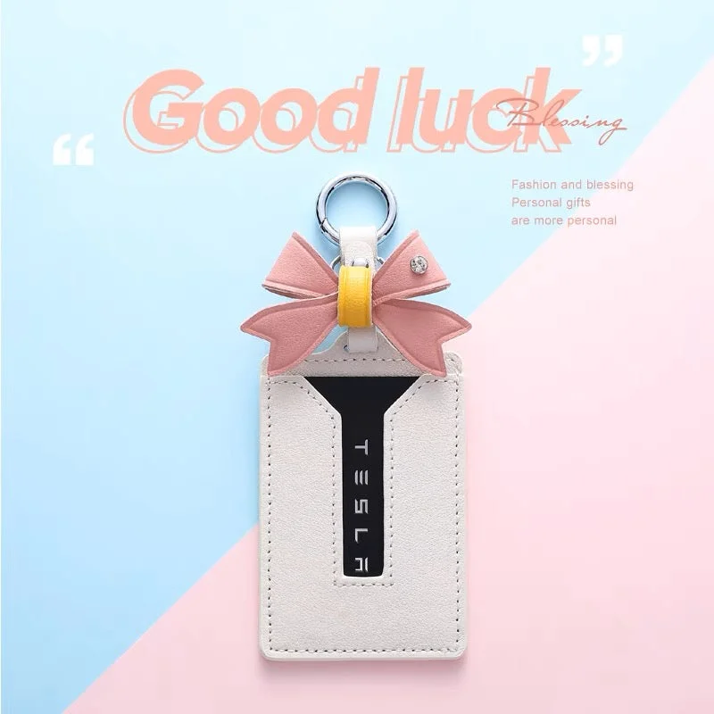 White Leather Car Key Card Holder Cover and Bow Pendant for Tesla Model S/X/3/Y